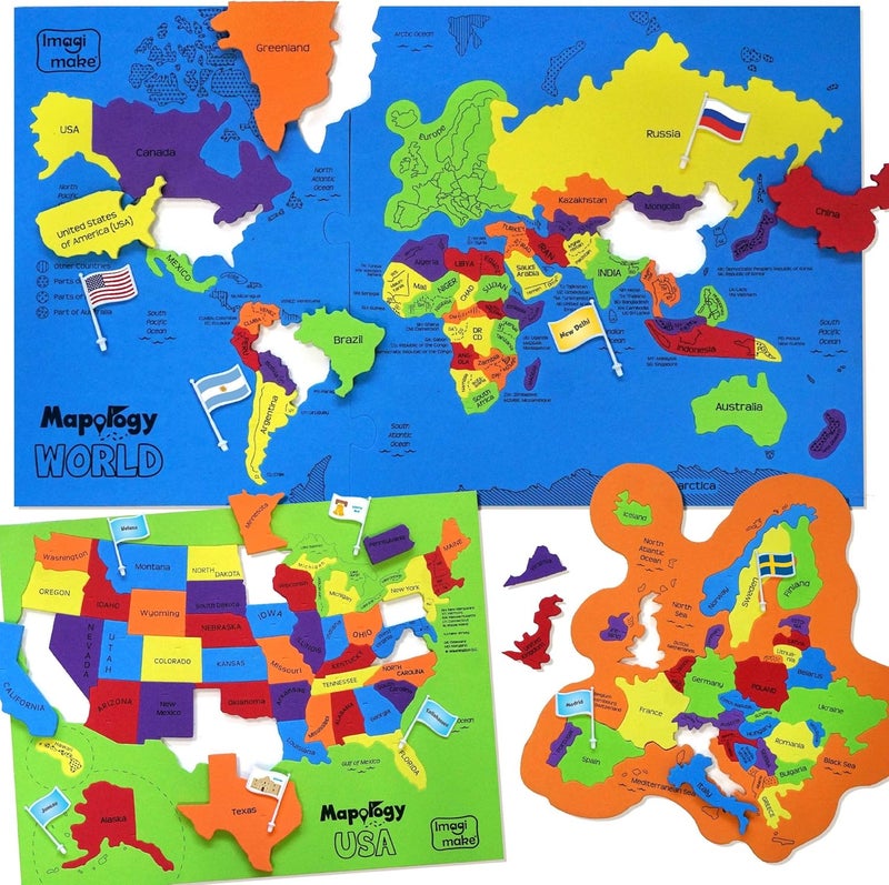 Imagimake Mapology USA & World Map Puzzle with Flags, Capitals, Stickers | Educational Toys for Ages 5-7 | Jigsaw Puzzles for Kids Ages 8-10 | Geography Toys for Age 8-13 | 6 Year Old Boy & Girl Gifts - Image 1
